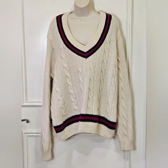 Brandy Melville NIKKI Cream/Red/Navy Cable Knit Oversized Wool Sweater,One Size - Picture 16 of 16